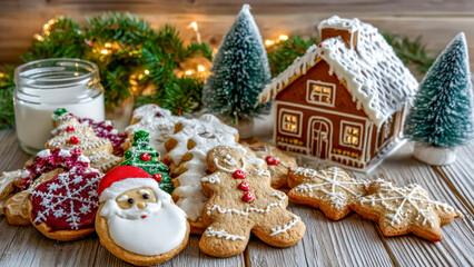 Obraz premium Festive cookies and a gingerbread house create a warm holiday scene by glowing fairy lights on a wooden table
