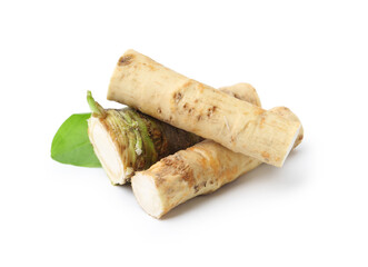 Fresh raw horseradish roots and leaf isolated on white