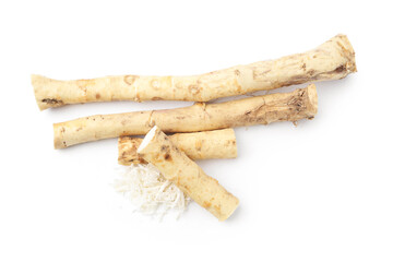 Grated horseradish and roots isolated on white, top view