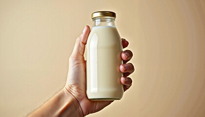 Hand holding glass milk bottle on beige background