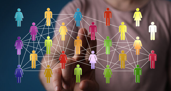 Concept of social network and global connections, illustrated with digital people icons and a human hand intera - Powered by Adobe