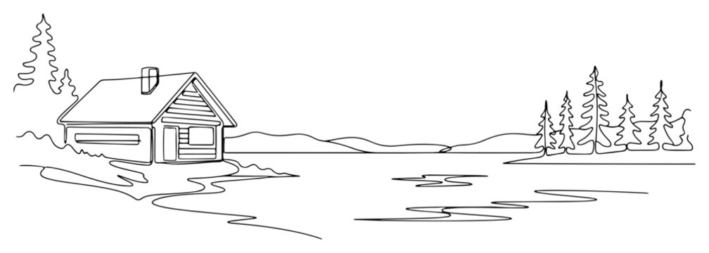 Serene log cabin by a lake in a pine forest landscape continuous one line drawing Vector illustration of a peaceful wilderness retreat for a travel or nature concept