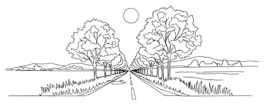 Country road with avenue of trees one continuous line drawing. Journey perspective vector landscape.