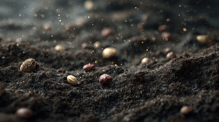 Rich soil seed close up texture fertile earth planting germination natural growth scene with warm light and soft bokeh atmosphere evoking hope and renewal