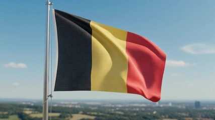 Flag of belgium waving in wind against blue sky with cityscape view footage