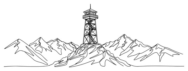 One continuous line drawing of a lookout tower on a mountain peak Scenic alpine landscape and travel adventure in one line art style vector illustration