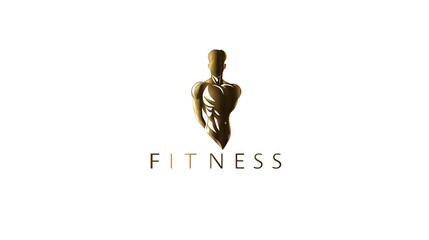 Luxury fitness logo with golden muscular man symbol. Concept: Premium fitness branding, luxury sports identity, strong masculine body emblem, white and gold aesthetic for fitness/sport salon.