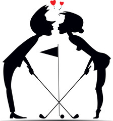 Golf course. Man and woman falling in love and kissing