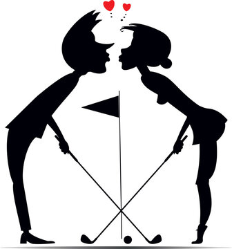Golf course. Man and woman falling in love and kissing