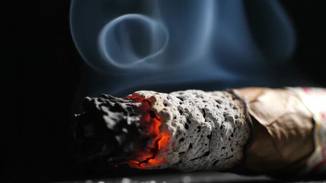 Extreme close-up of a smoldering cigarette with glowing embers and smoke