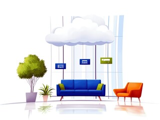 A modern office lounge area featuring a blue sofa, orange armchair, and plants, with a cloud graphic overhead connected to digital devices.