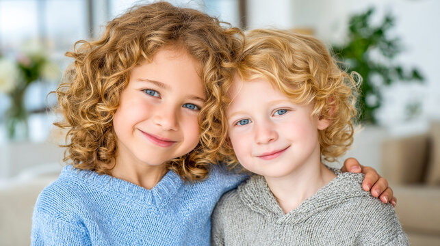 Sweet siblings share a joyful moment together in a cozy, well-lit living room filled with plants and bright decor in the afternoon sunlight