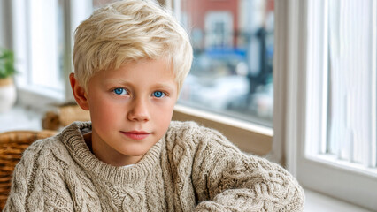 Soft morning light fills the room as a young boy with blonde hair and blue eyes smiles warmly, wearing a cozy knit sweater while seated by a window with a bustling street view outside
