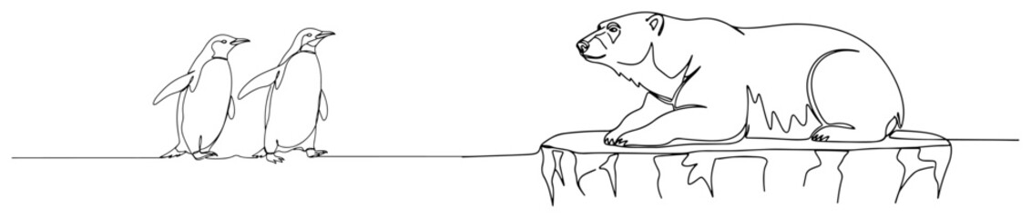 Polar bear and penguins one continuous line drawing. Arctic animals vector illustration.