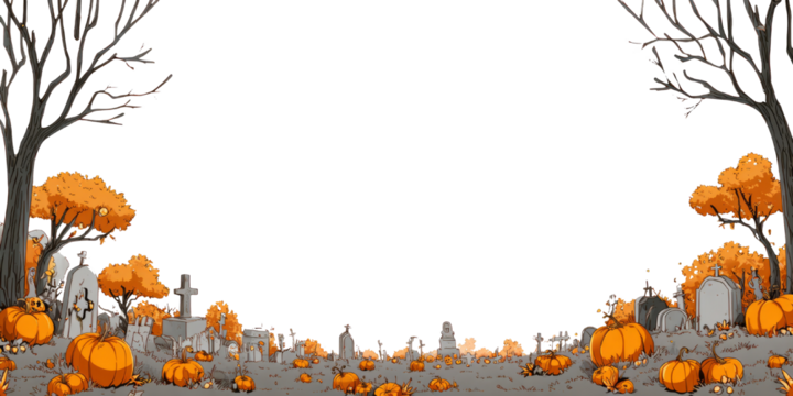 Haunting Autumn Graveyard with Pumpkins and Orange Foliage Under a Clear Sky