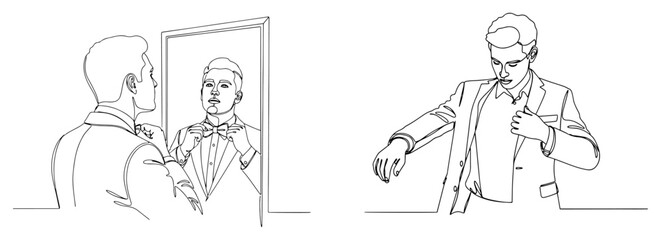 One continuous line drawing of a man in a suit adjusting his bow tie in the mirror Groom getting ready for wedding one line art vector illustration