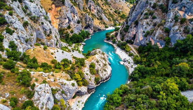 Turquoise river winding through a rocky canyon with green trees, viewed from high above on a bright day - Powered by Adobe