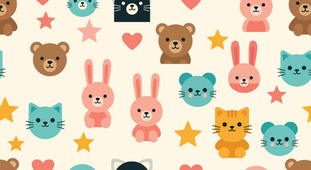 Flat vector seamless kids pattern of cute baby animals with stars and hearts in vivid solid colors. Ideal for children’s wallpapers, fabrics, gift wraps, and playful backgrounds