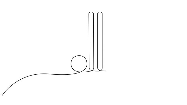 Self drawing animation single line draw cricket stumps, bails, and ball, isolated on white background, cricket gear or equipment for competition, Continuous line draw, Full length animated.