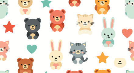 Flat vector seamless kids pattern of cute baby animals with stars and hearts in vivid solid colors. Ideal for children’s wallpapers, fabrics, gift wraps, and playful backgrounds