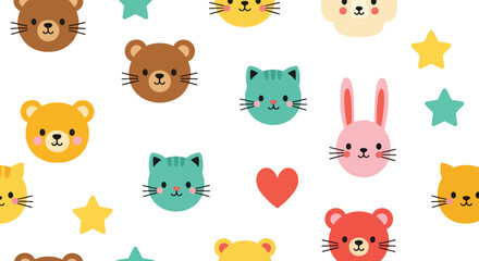 Flat vector seamless kids pattern of cute baby animals with stars and hearts in vivid solid colors. Ideal for children’s wallpapers, fabrics, gift wraps, and playful backgrounds