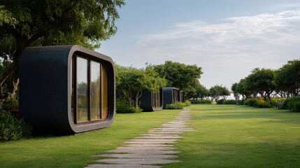 modern ecohotel featuring sleek capsule houses surrounded by lush greenery harmoniously blending nature with