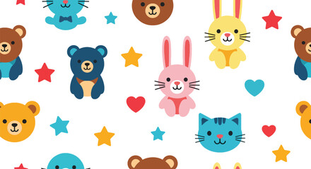 Flat vector seamless kids pattern of cute baby animals with stars and hearts in vivid solid colors. Ideal for children’s wallpapers, fabrics, gift wraps, and playful backgrounds