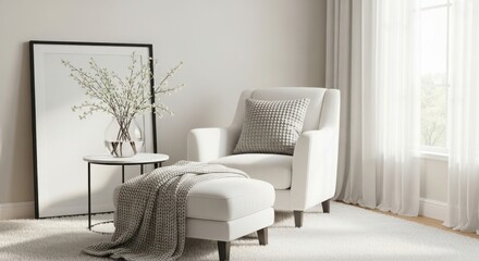 Modern living room scene featuring a comfortable armchair ottoman and framed artwork