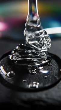 Extreme macro slow motion capture of clear viscous fluid flowing down an opaque surface creating intense optical refraction and spatial distortion close up, surface tension, clean white
