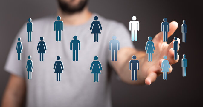 Hand reaching towards a network of digital human icons, representing connection, community and collaboration co