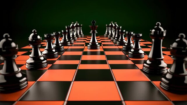 Chess board strategy with black king and queen, rook, bishop, knight piece tactics, checkmate competition focus, leadership, symmetry, victory