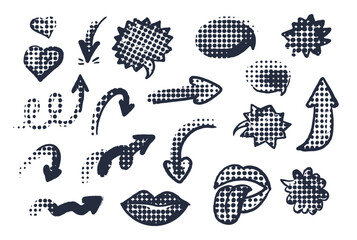 Vector hand drawn shapes, arrows, chat bubbles in grunge comic style