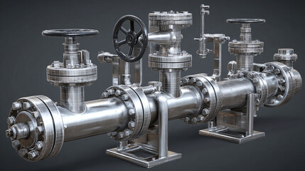 Intricate industrial machinery composed of metallic pipes and valves, showcasing industrial precision and functionality