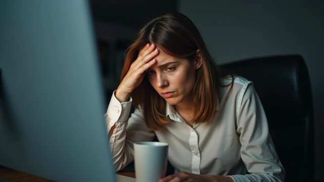 Exhausted Woman Rubbing Eyes, Suffering from Eye Strain, Fatigue, or Dry Eyes While Working Late 
