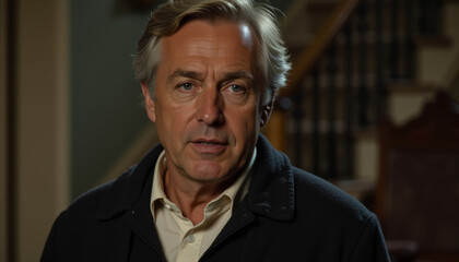 Mature man looking serious in a home interior with stairs in background  