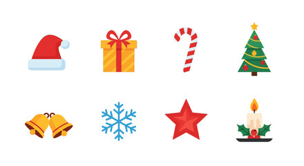 Festive christmas icons with santa hat, gifts, and holiday symbols in flat design