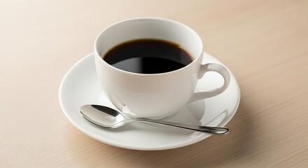 Obraz premium A white ceramic cup filled with dark black coffee sits on a matching saucer with a silver spoon resting on the side.