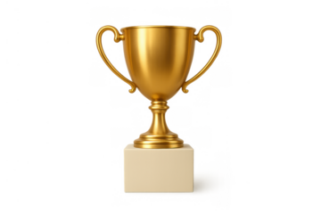 Golden champion trophy on a plain white pedestal, representing victory, excellence, competitive spirit, and the joy of winning
