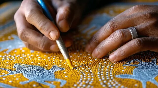 Tribal Gond art being painted on wall, dots forming animals, India, folk art, Gond, painting, craft, culture, tradition, indigenous, design, with copy space