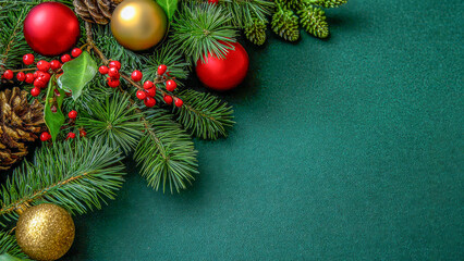 Festive arrangement of pine branches, ornaments, and natural elements creating a warm and inviting holiday atmosphere, perfect for celebrating the season with loved ones