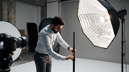 A professional photographer adjusting a large studio umbrella to control lighting in a photography studio setting