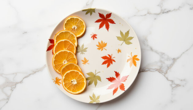 Slices of orange arranged on decorative plate with autumn leaves