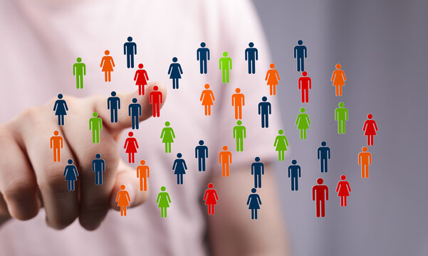 Concept of community and teamwork represented by colorful digital human figures symbolizing collaboration and connection. Ideal for social media