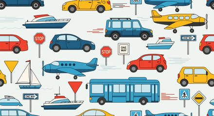 Flat vector seamless pattern with cars, planes, buses, and boats in vivid bright tones. Ideal for boys’ clothing, wallpapers, backpacks, and playful transportation themes