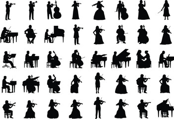 Large collection of musician silhouettes, people playing classical instruments, man and woman with piano, violin, cello, and double bass, isolated vector set.