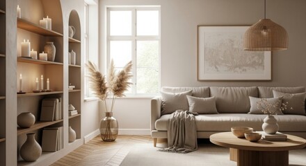 Cozy living room with sofa armchair bookshelf and decorative elements for home decor inspiration