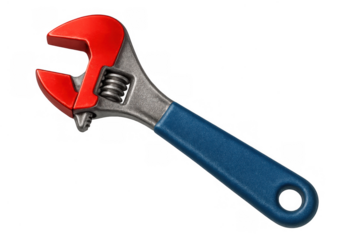 Adjustable wrench tool with red jaw and blue handle, providing essential hardware equipment for plumbing and repair work on transparent background