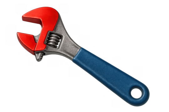 Adjustable wrench tool with red jaw and blue handle, providing essential hardware equipment for plumbing and repair work on transparent background