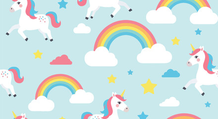 Flat vector seamless unicorn pattern with rainbows, stars, and clouds in vivid pastel tones. Ideal for girls’ clothing, stationery, wallpapers, and dreamy kids’ products