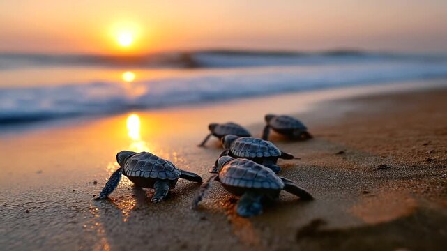 Olive Ridley turtle hatchlings heading to sea (conservation scene), India, Odisha, turtles, conservation, beach, wildlife, nature, ocean, sunrise, with copy space